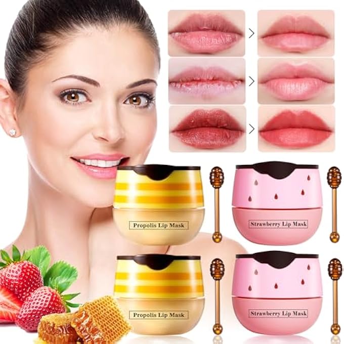LSxia 4 PCS BEE HONEY LIP BALM HONEY POT, STRAWBERRY & BEE HONEY LIP MASK, REDUCES LIP LINES, HYDRATE & MOISTURIZING LIP SKIN CARE, PREVENTION DRY CRACKED LIPS, BEE HONEY LIP BALM FOR LIP REPAIR TREATMENT - Image 1